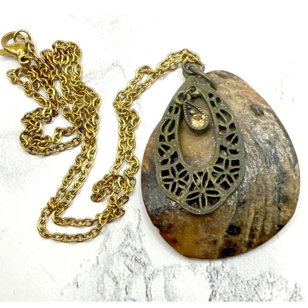 Gold Abalone Shell Teardrop Pendant Necklace Boho Filigree 18"‎